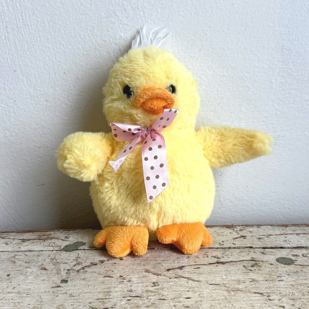 Dan Dee Yellow Plush Chick Pink Polka Dot Bow Easter 8"